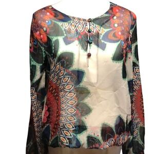 Desigual Womens XL Mandala Floral Sheer Chiffon Blouse Multicolor 31B2374